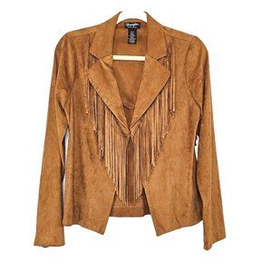 Wrangler Retro Faux Suede Western Fringe Jacket Brown Womens Size Small Boho